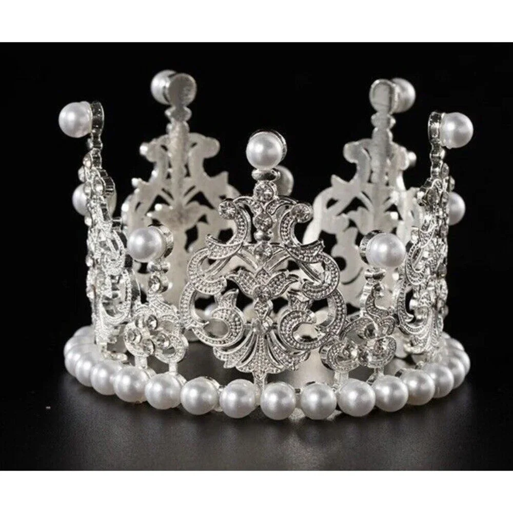 Silver Imitation Pearl Mini Crown Cake Topper Birthday Decor Decoration Wedding